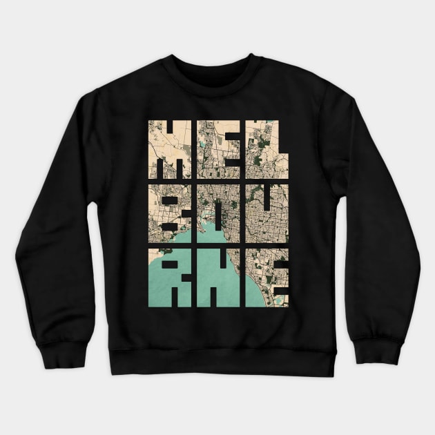 Melbourne, Australia City Map Typography - Vintage Crewneck Sweatshirt by deMAP Studio